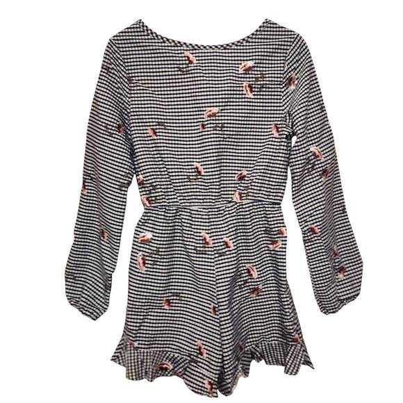 The Edit by Seventeen Navy White Gingham Floral Embroidered Romper Size Medium - Picture 2 of 9